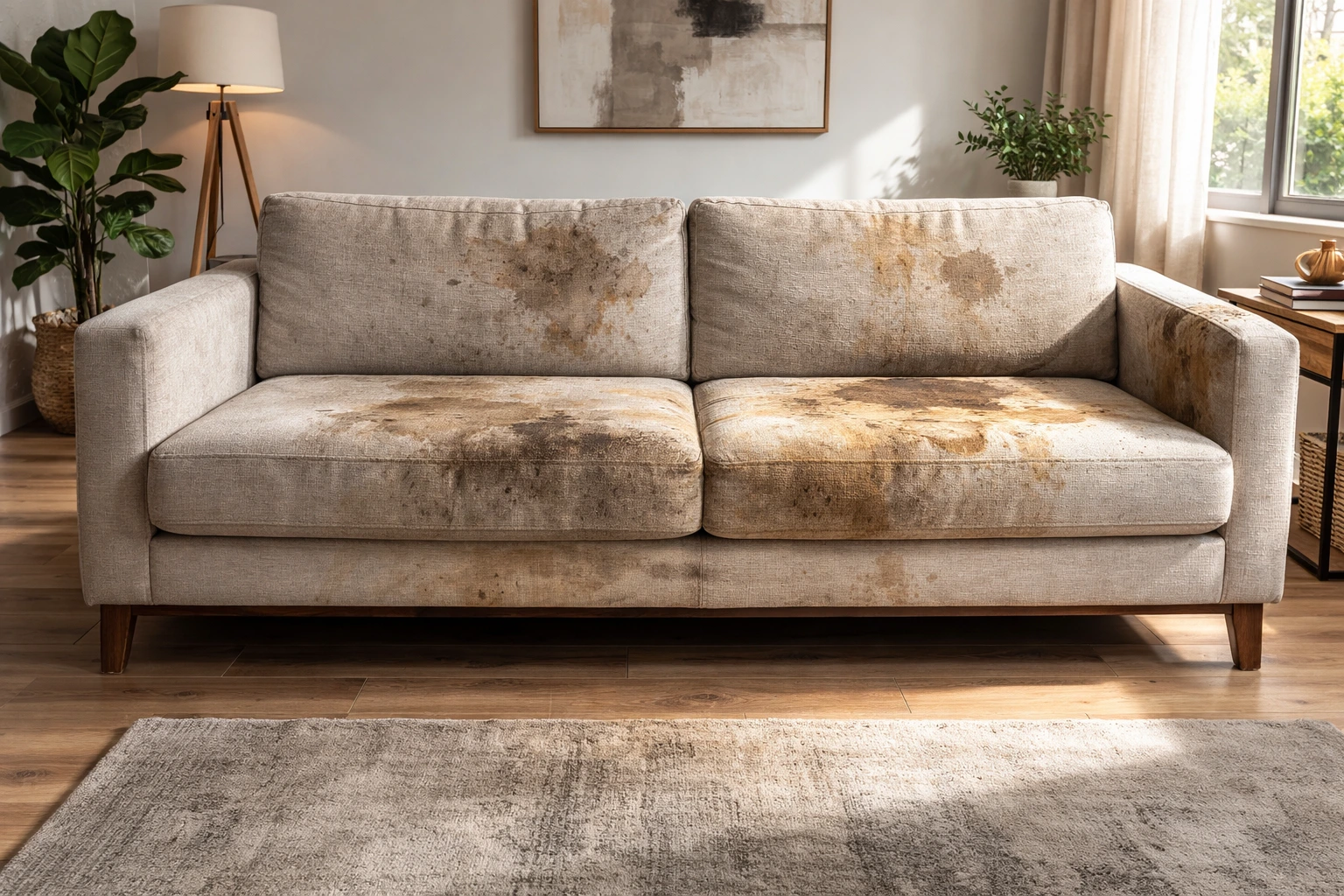 Sofá con manchas visibles antes del servicio de limpieza profesional a domicilio en Madrid